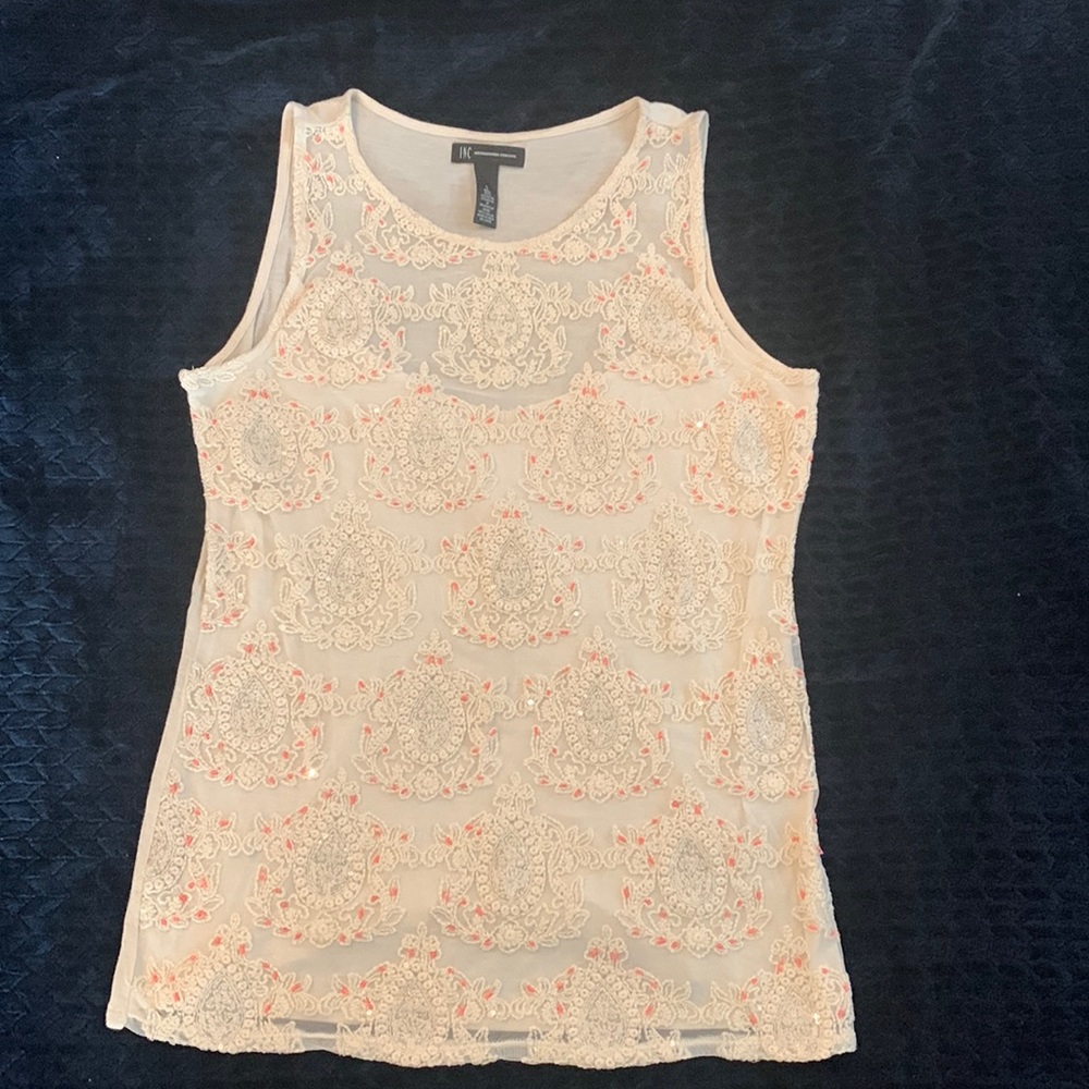 INC cream colored tank with embroidered design and sequins and beading Size L